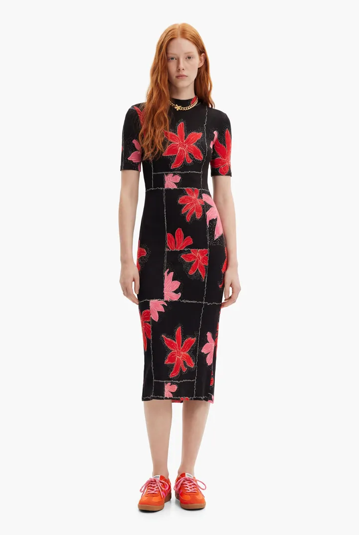 Desigual, Vestido midi canalé flores, Viscosa, Rojo, L