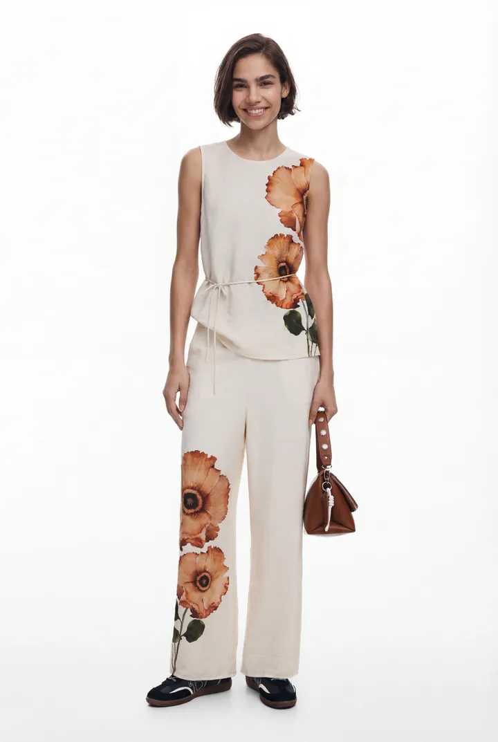 Desigual, Pantalón flores, MarróN, L