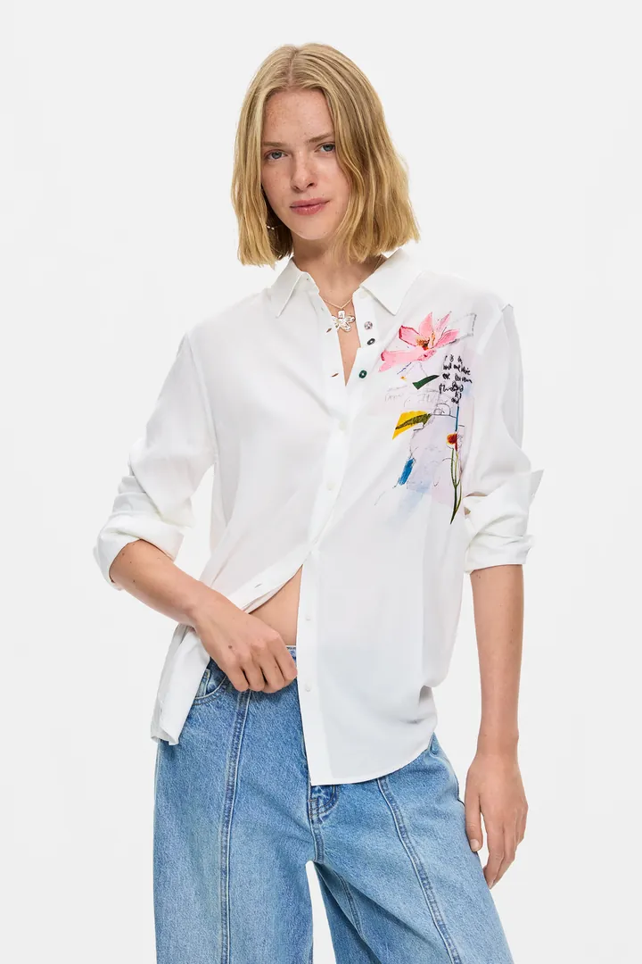 Desigual, Camisa Bordada Flores, Mujer, Viscosa, Blanco, L