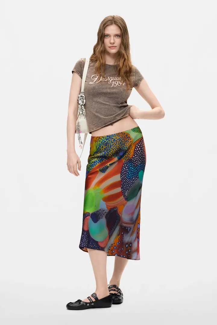 Desigual, Falda Midi Estampada, Mujer, Viscosa, Negro, L
