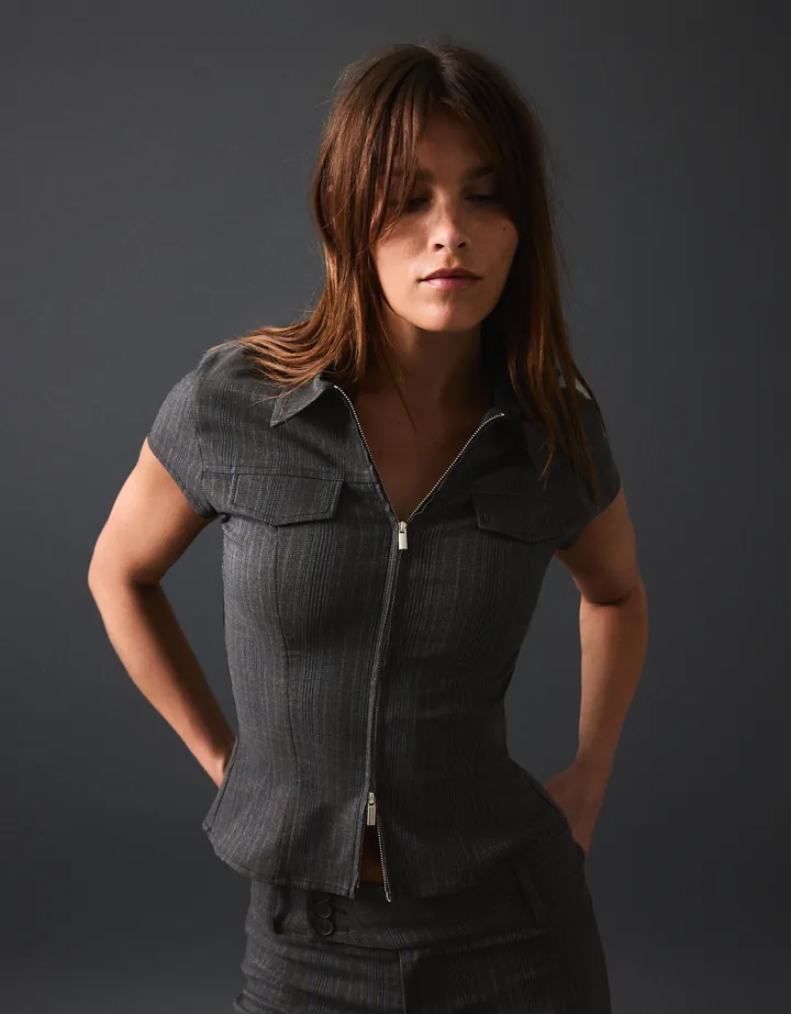 Bershka Camisa Manga Corta Cremallera Mujer L Gris Oscuro