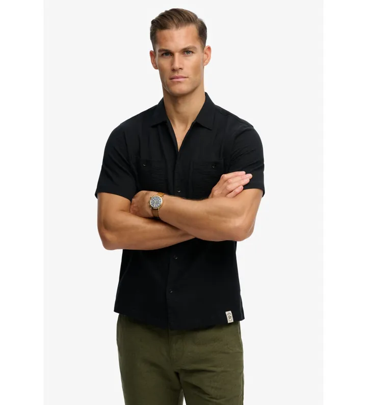 Superdry para hombre. M4011123A Camisa Merchant Textured negro (L), Casual, Algodón, Manga corta