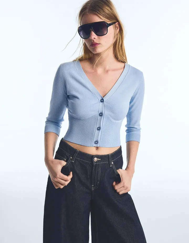 Bershka Chaqueta Crop Cuello Pico Mujer L Azul