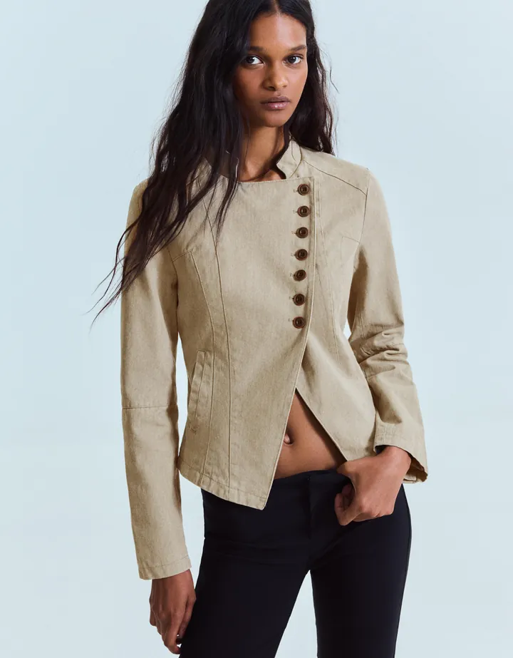Bershka Blazer Cruzada Botones Mujer L Crudo