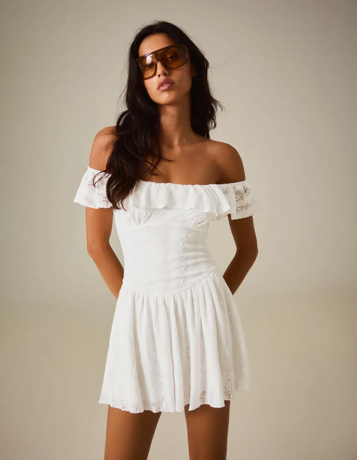 Bershka Vestido Escote Bardot Encaje Mujer L Blanco
