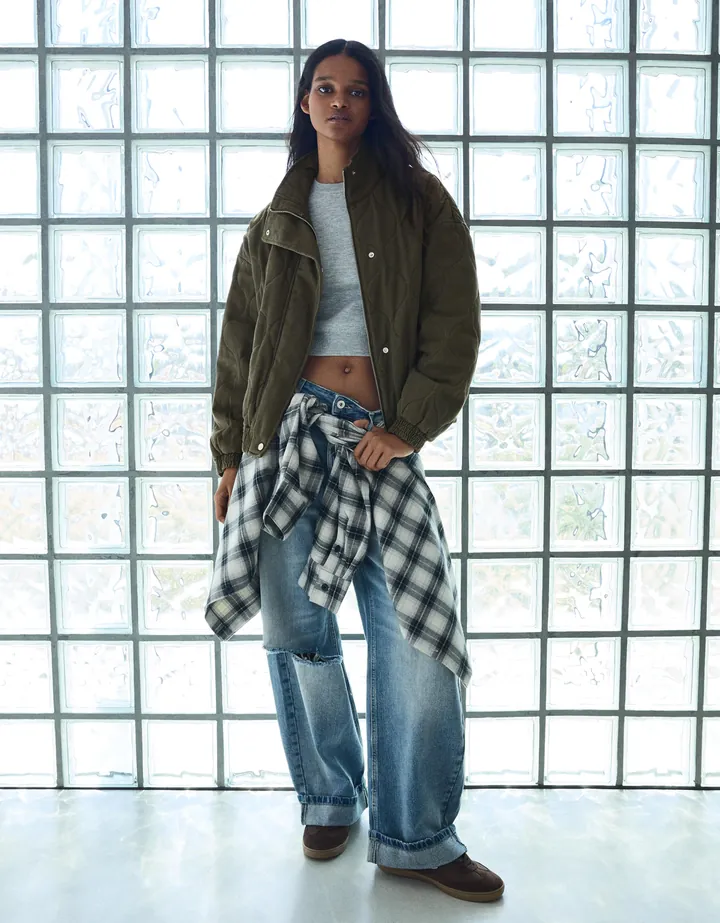 Bershka Cazadora Efecto Lavado Mujer M-L Kaki