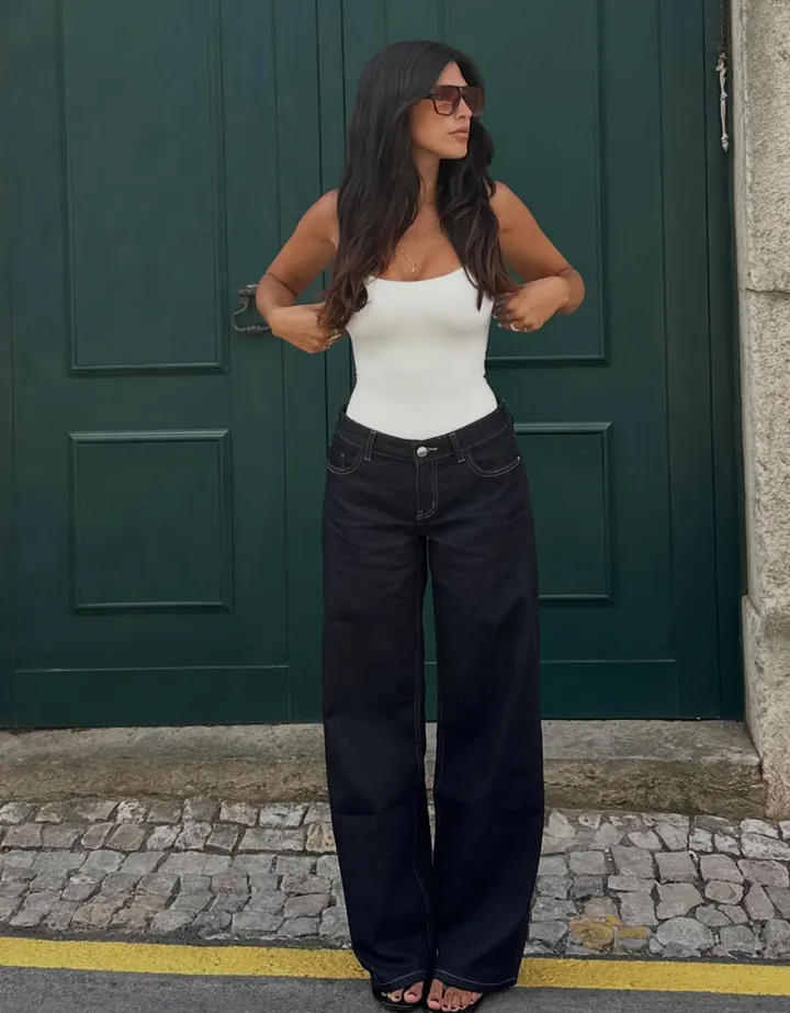 Bershka Jeans Wide Leg Tiro Bajo Mujer 32 Marino