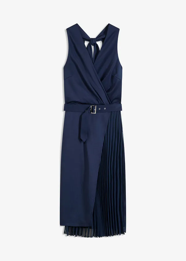 Vestido midi con diseño cruzado e inserto plisado