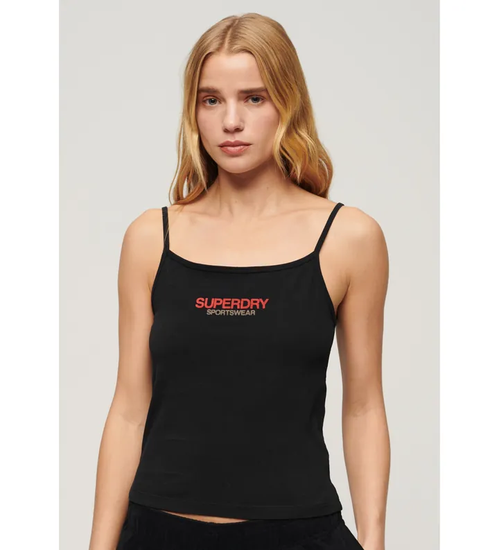 Superdry para mujer. W6011836A Camiseta entallada con logotipo Sportswear negro (M), Casual, Algodón, Sin mangas / Tirantes