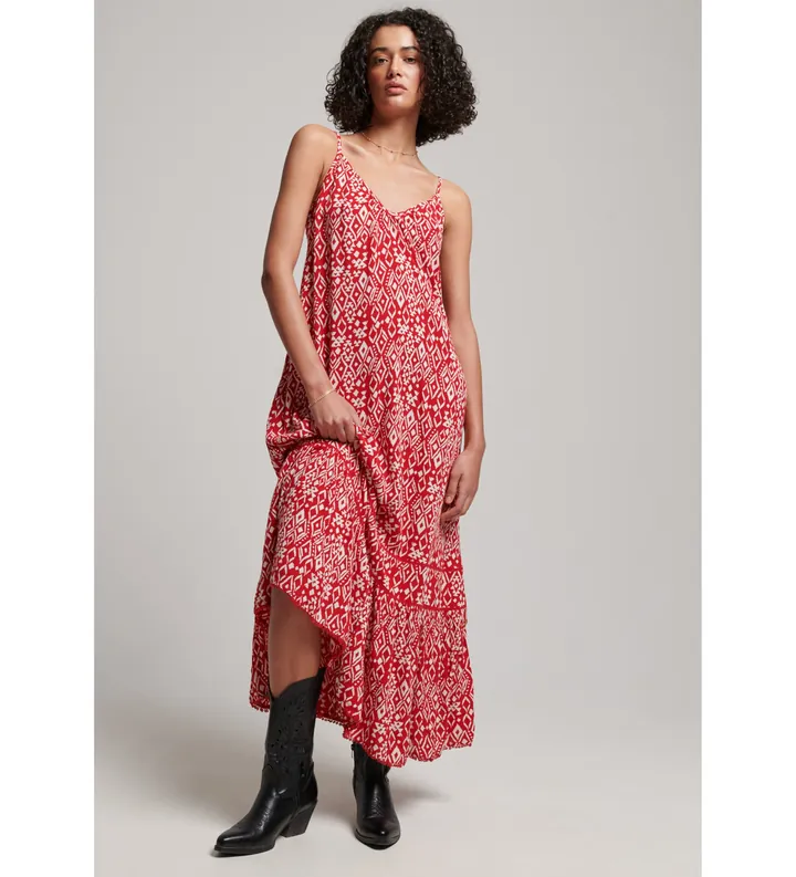 Superdry para mujer. W8011294A Vestido de tirantes largo rojo (L), Casual, Viscosa, Sin mangas / Tirantes