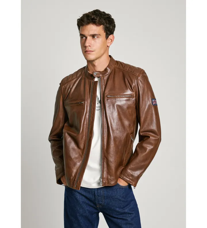 Pepe Jeans para hombre. PM403106 Cazadora biker de piel Malvar marrón (L), Casual