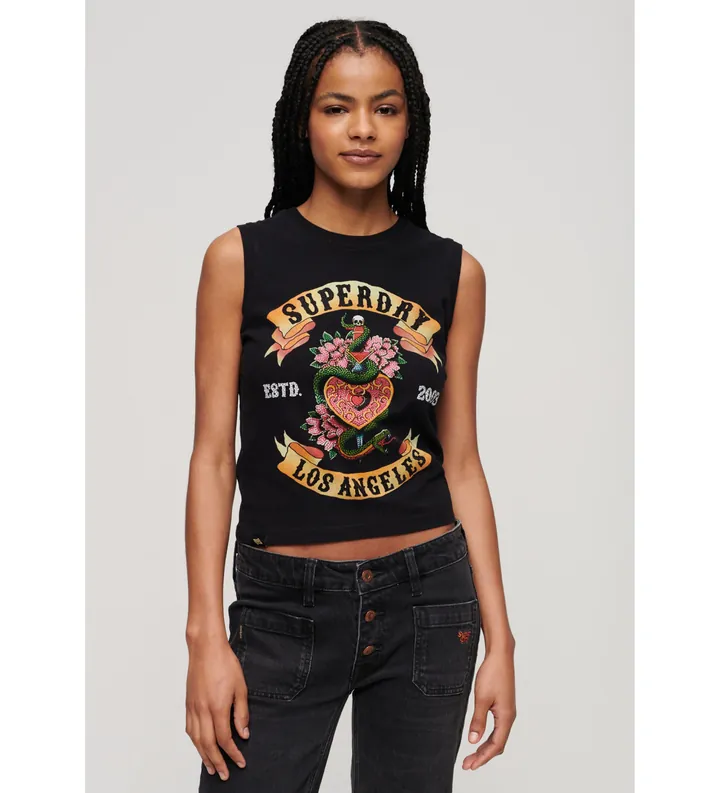 Superdry para mujer. W6011781A Camiseta sin mangas con strass Tattoo negro (S), Casual, Algodón, Sin mangas / Tirantes