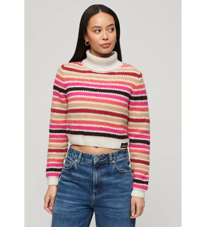 Superdry para mujer. W6110536A Jersey corto de cuello vuelto de rayas multicolor (M), Casual, Acrílico, Manga larga