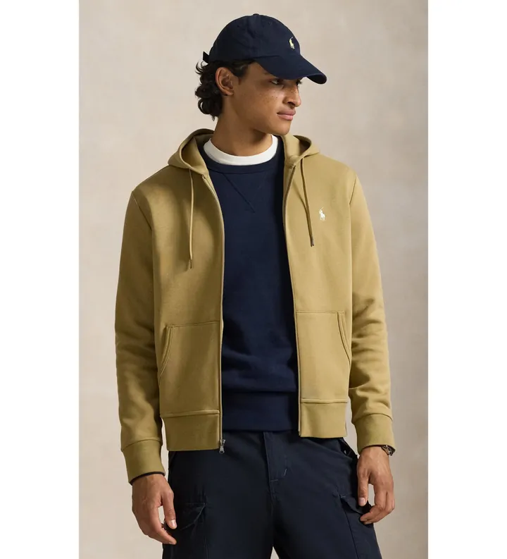 Polo Ralph Lauren para hombre. 710881517502 Sudadera de punto doble y cremallera marrón claro (L), Casual, Algodón