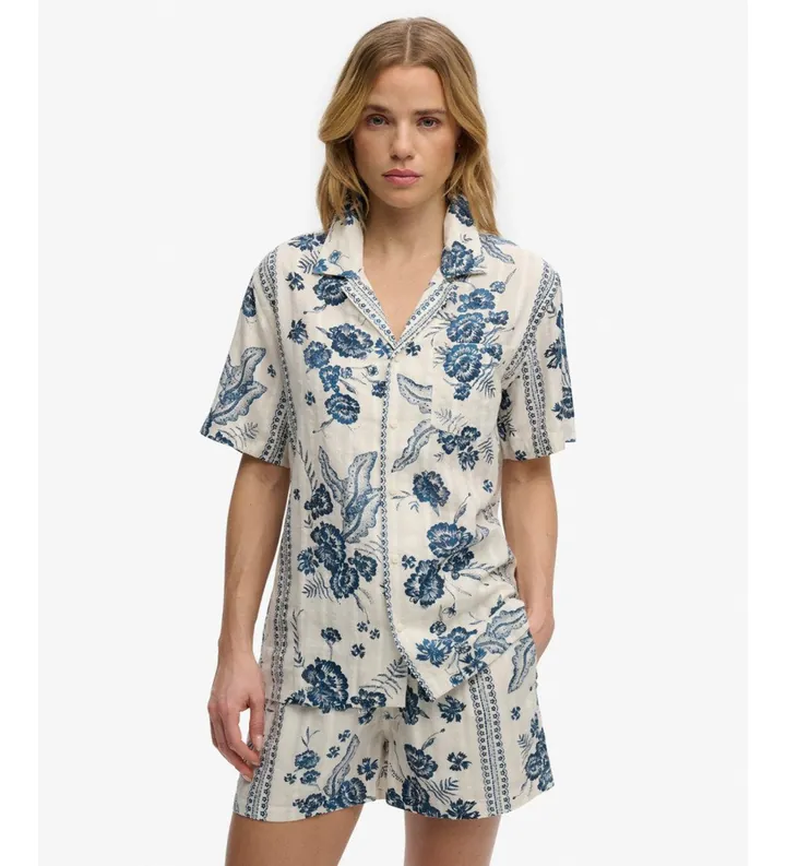 Superdry para mujer. W4010586A Camisa Beach Printed blanco roto (L), Casual, Algodón, Manga corta