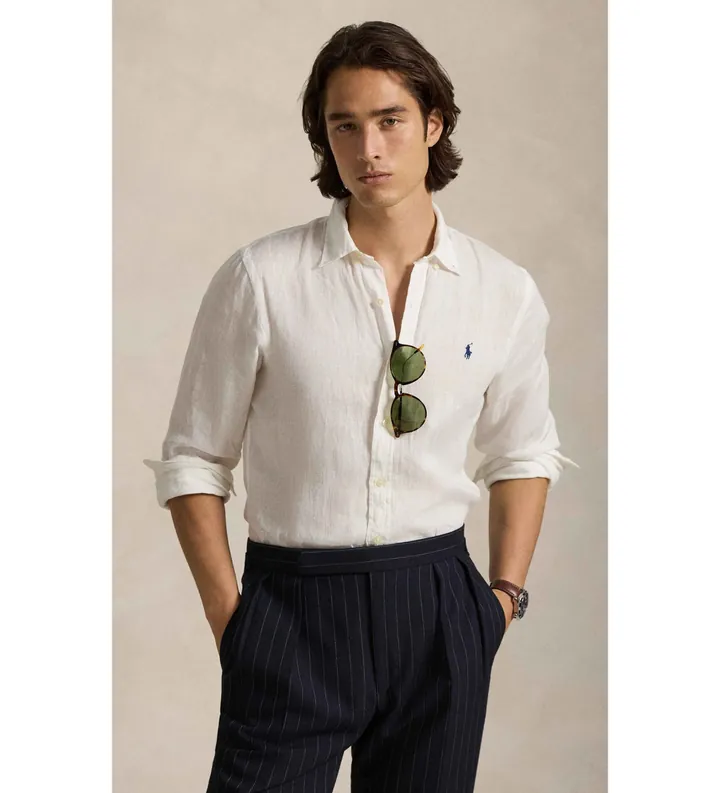 Polo Ralph Lauren para hombre. 710968915014 Camisa de lino Slim Fit blanco roto (L), Casual, Clásico, Manga larga