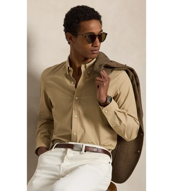 Polo Ralph Lauren para hombre. 710929348501 Camisa Slim Fit de popelina elástica beige (L), Casual, Algodón, Manga larga