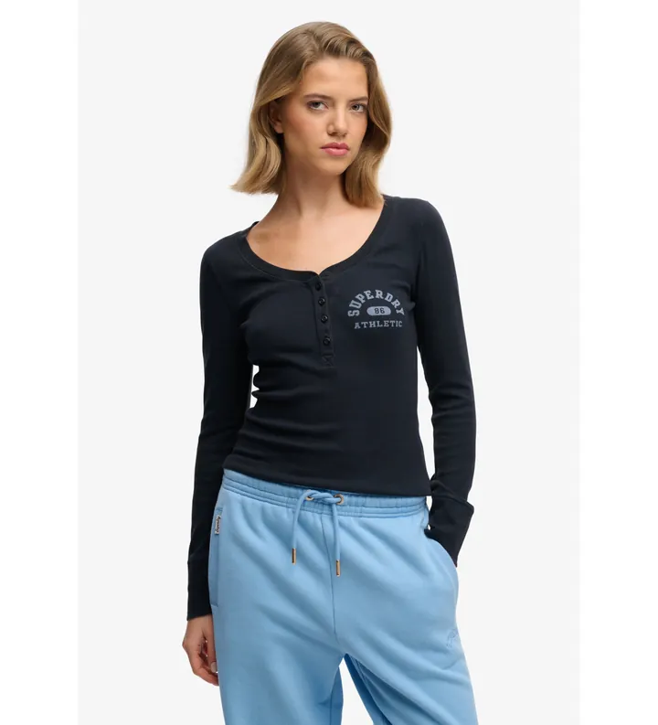Superdry para mujer. W6012276A Camiseta Athletic Button Down marino (S), Casual, Algodón, Manga larga