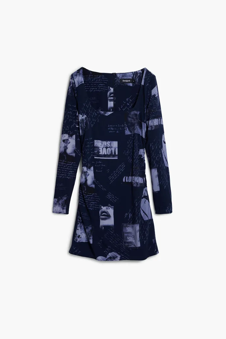 Desigual, Vestido postales escote cuadrado, Viscosa, Azul, L