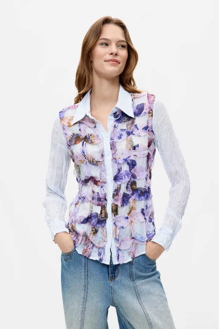 Desigual, Camisa Estampada Manga Larga, Mujer, Poliester, Azul, L