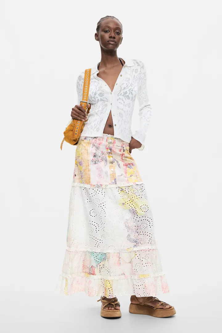Desigual, Falda Estampada Flores, Mujer, Algodon, Blanco, L