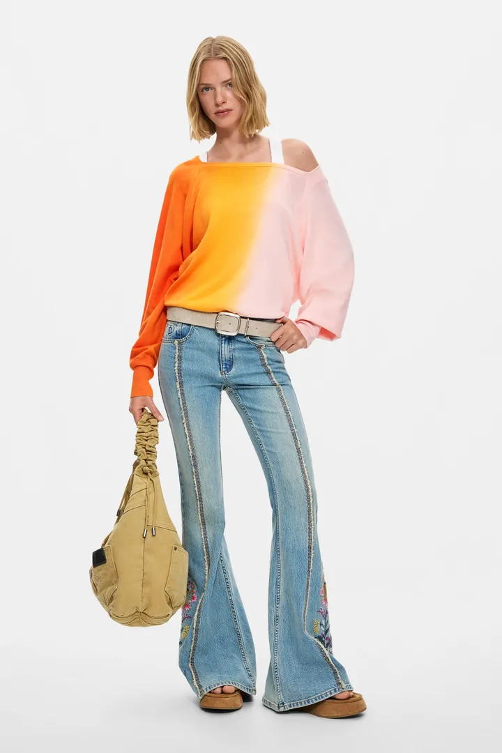 Desigual, Pantalón vaquero flores flare, Mujer, Algodon, Azul, 34
