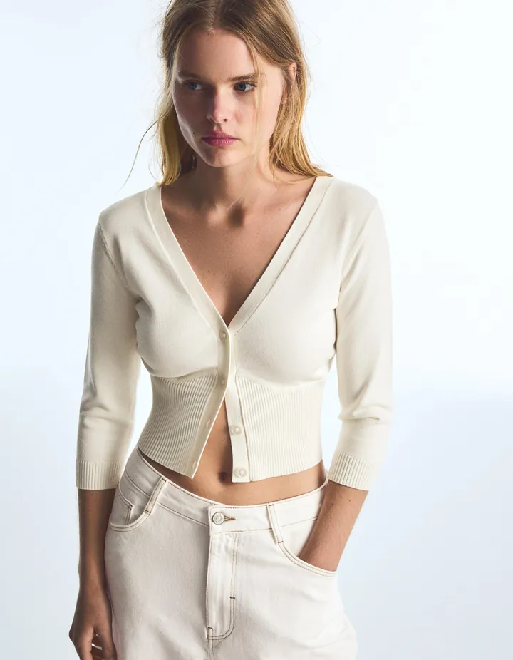 Bershka Chaqueta Crop Cuello Pico Mujer L Crudo