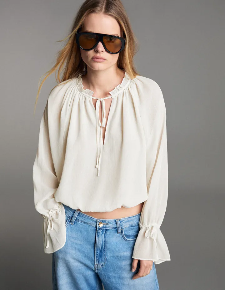 Bershka Camisa Fluida Manga Larga Mujer L Crudo