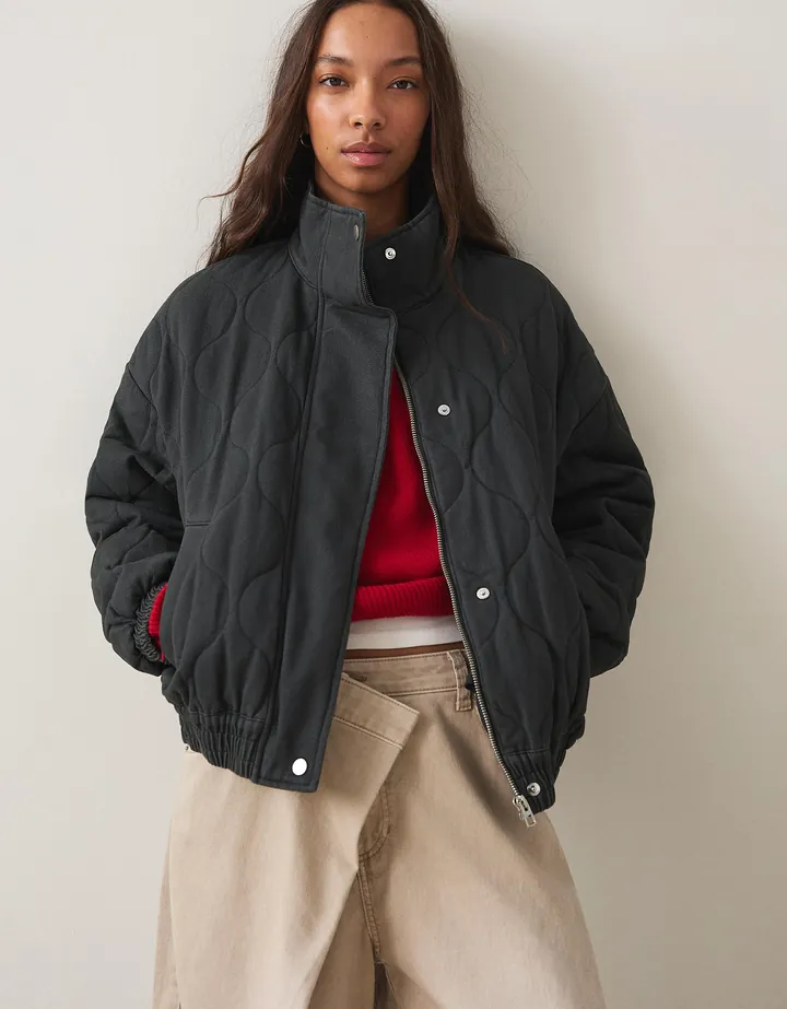 Bershka Cazadora Efecto Lavado Mujer M-L Gris Oscuro