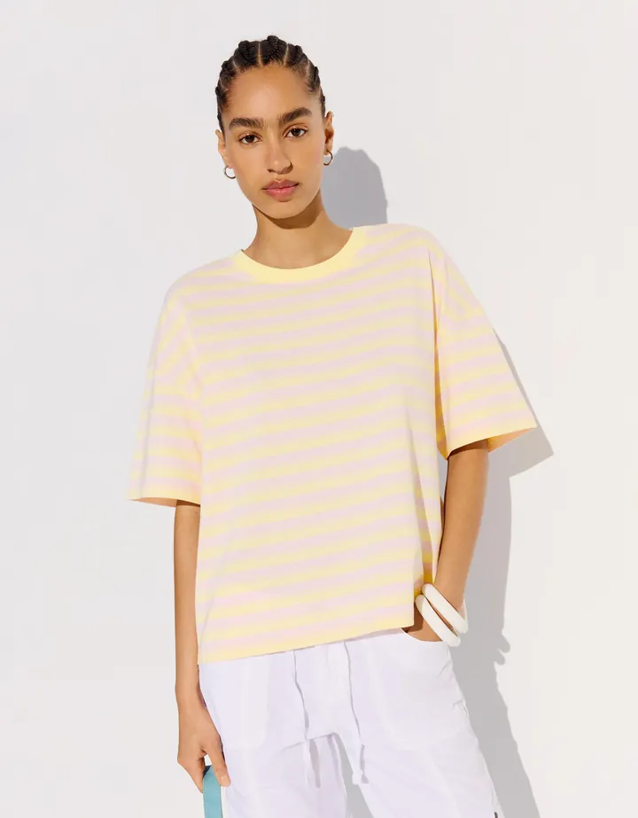 Bershka Camiseta Boxy Fit Rayas Mujer L Amarillo