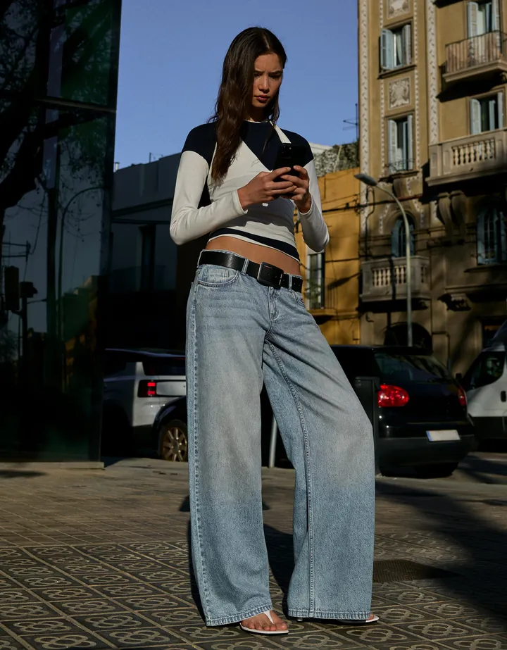Bershka Jeans Wide Leg Tiro Bajo Mujer 32 Azul Lavado