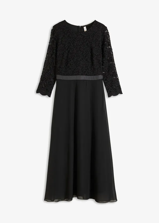 Vestido midi de gasa fina con parte superior de encaje