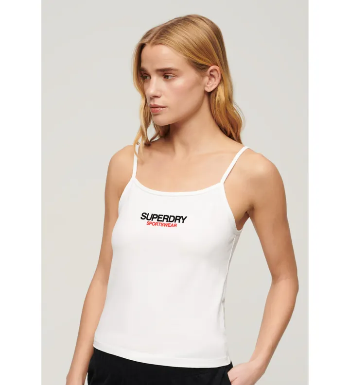 Superdry para mujer. W6011836A Camiseta entallada con logotipo Sportswear blanco (L), Casual, Algodón, Sin mangas / Tirantes