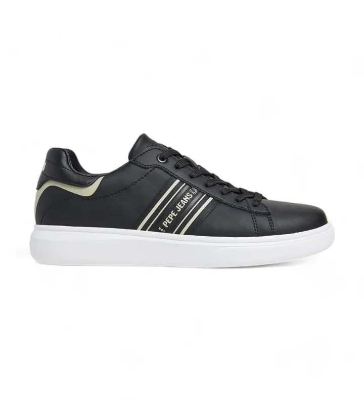 Pepe Jeans para hombre. PMS00023 Zapatillas de piel Eaton Street negro (42), Plano, Cordones, Casual