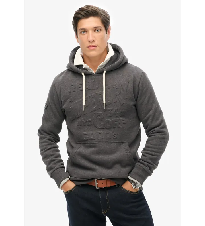 Superdry para hombre. M2013698A Sudadera gráfica con capucha y logotipo en relieve gris oscuro (L), Casual, Algodón, Sostenible