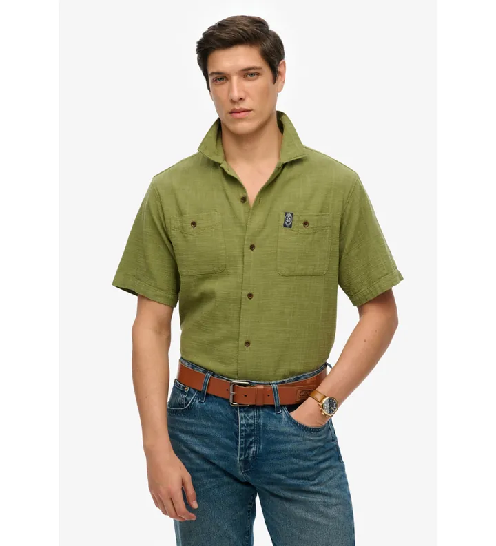 Superdry para hombre. M4010986A Camisa de manga corta con textura Merchant Store verde (M), Casual, Algodón