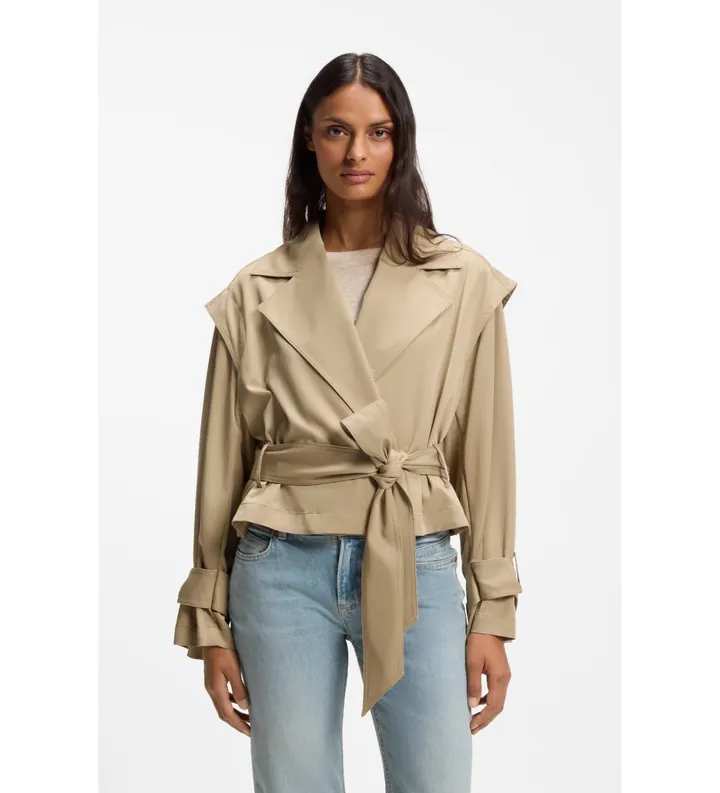 BOSS para mujer. 50556385 Gabardina corta con cinturón beige (38), Casual, Viscosa
