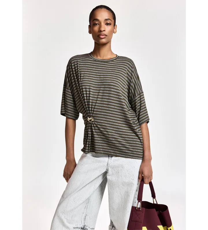 Essentiel Antwerp para mujer. KRISS Camiseta a rayas con broche gris (M), Casual, Viscosa, Manga corta