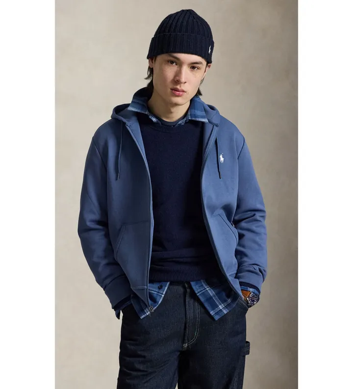 Polo Ralph Lauren para hombre. 710881517523 Sudadera de punto doble y cremallera azul (L), Casual, Algodón, Manga larga