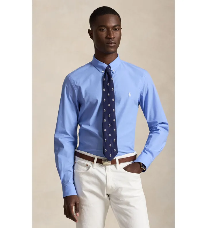 Polo Ralph Lauren para hombre. 710929348502 Camisa Slim Fit de popelina elástica azul (L), Casual, Algodón, Manga larga