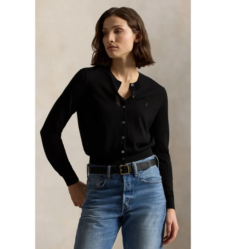 Polo Ralph Lauren para mujer. 211A99832001 Cárdigan de lana con cuello redondo negro (L), Casual