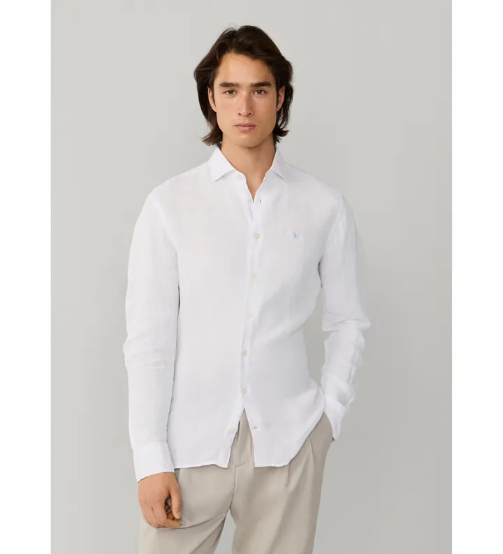 Hackett London para hombre. HM3010636 Camisa de lino teñida fit tailored blanco (L), Casual, Manga larga