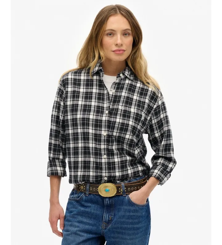 Superdry para mujer. W4010500A Camisa Check Flannel Boyfriend negro (L), Casual, Algodón, Manga larga