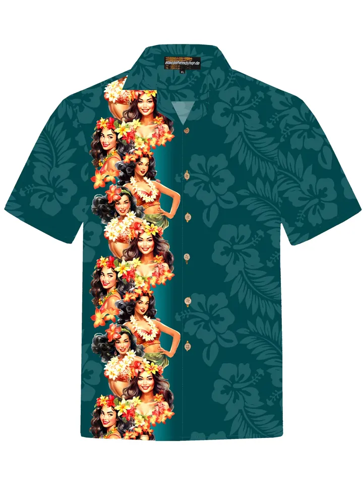 Hawaiihemdshop.de Camisa 'Hawaiihemd "Girls of Hawaii"' verde oscuro