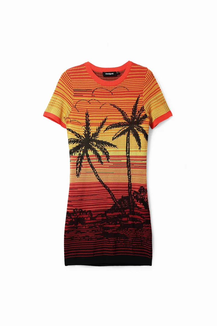 Desigual, Vestido corto punto palmeras, Rojo, L