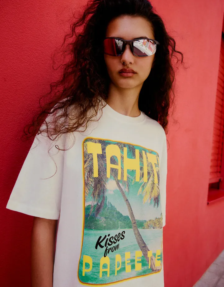 Bershka Camiseta Oversize Print Mujer L Blanco Roto