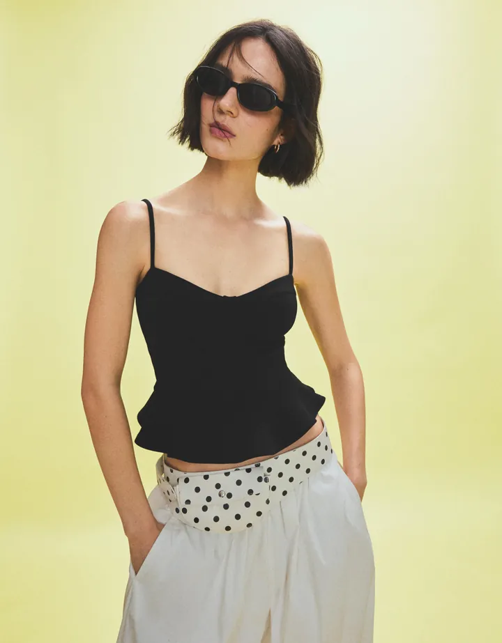 Bershka Top Peplum Corsé Mujer L Negro