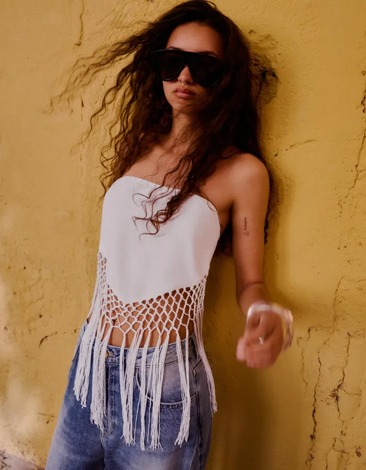 Bershka Top Bandeau Jacquard Flecos Mujer M-L Blanco
