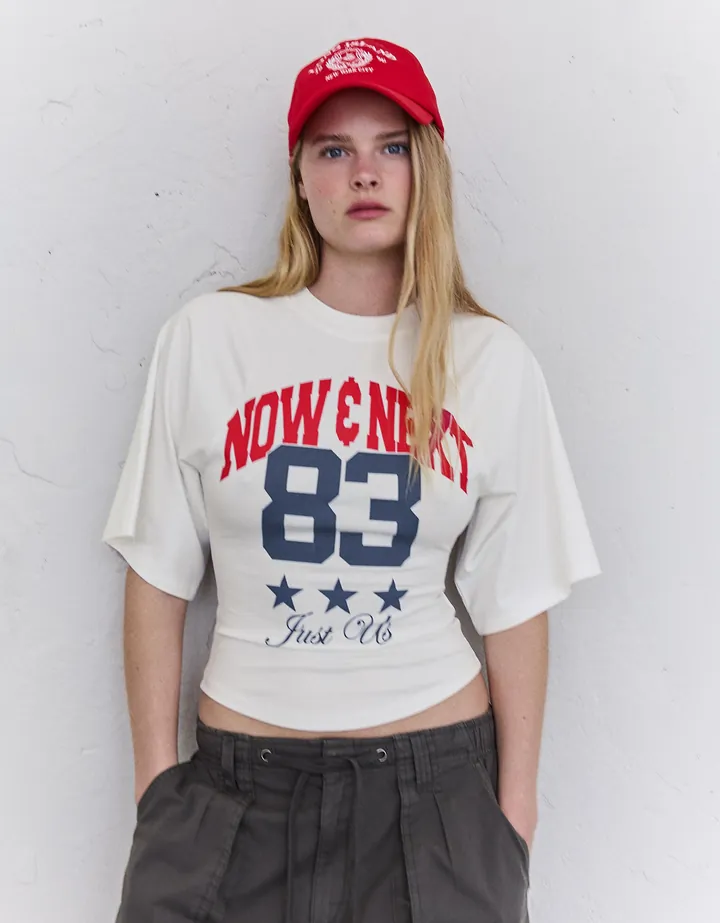 Bershka Camiseta Efecto Corsé Print Mujer L Blanco Roto