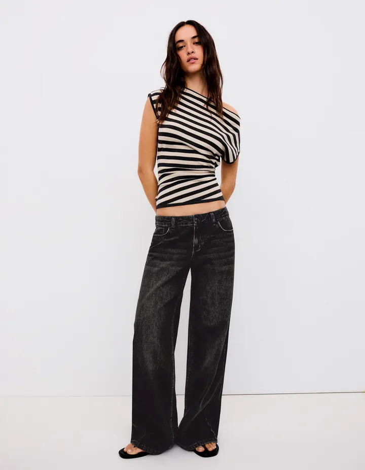 Bershka Jeans Wide Leg Tiro Bajo Mujer 32 Negro